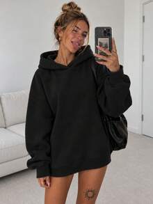 Plus Size Thermal Lined Loose Fit Versatile Retro Streetwear Long Sleeve Hooded Sweatshirt, INS Style Sport Sweatshirt, Machine Washable Pullover Top - Black - View 1