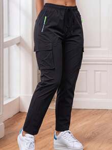 Women's Cargo Pants With Zipper Pockets And 3D Large Side Pockets, Tear-Resistant Multi-Pocket Outdoor Sports Long Pants Black - Black - View 1