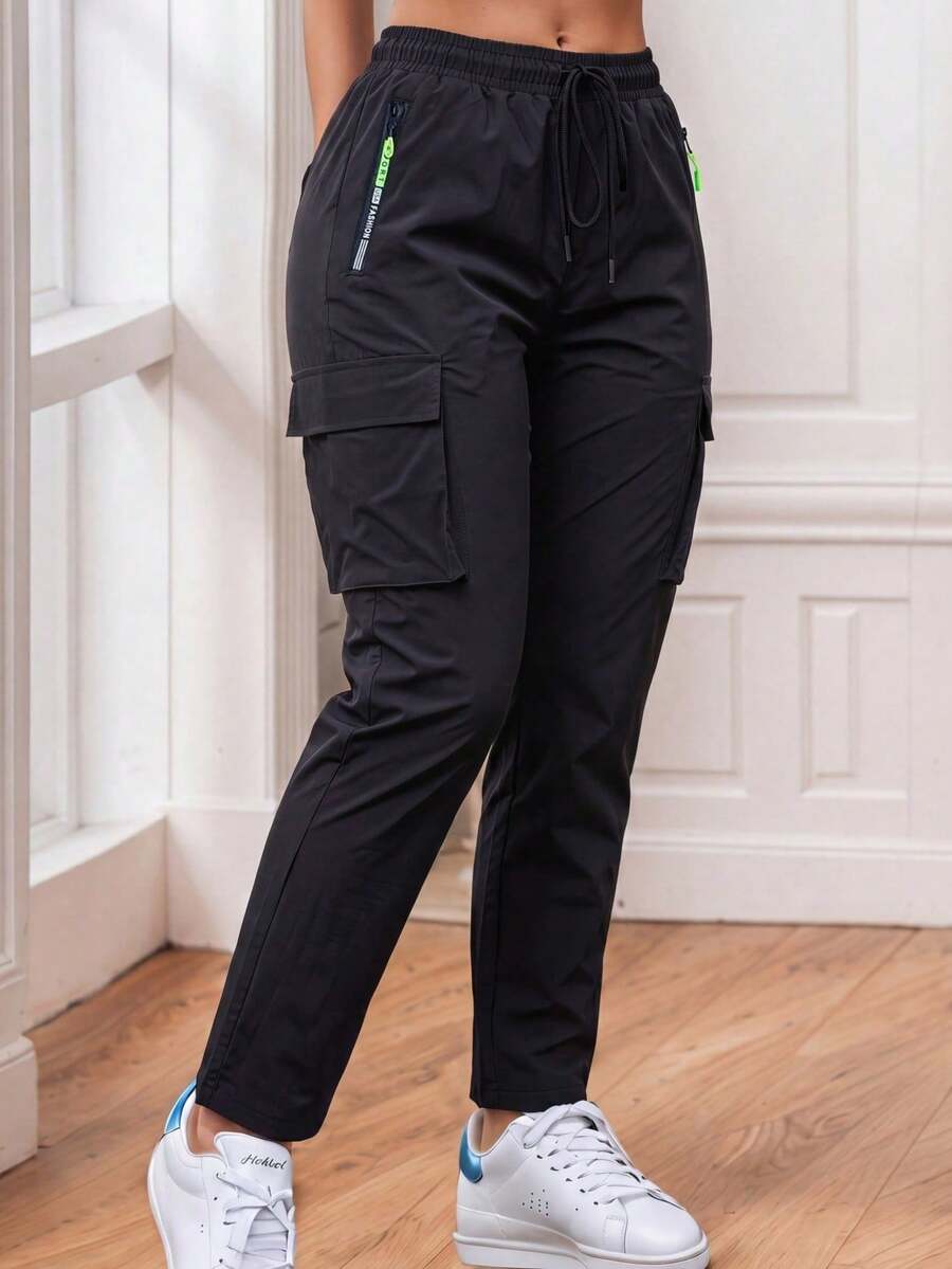 Women's Cargo Pants With Zipper Pockets And 3D Large Side Pockets, Tear-Resistant Multi-Pocket Outdoor Sports Long Pants Black - Black - View 1