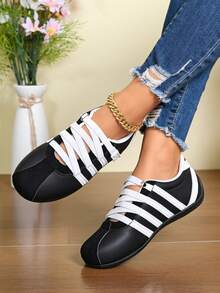 Women's Striped Colorblock Hook & Loop Casual Sports Shoes, Round Toe, Breathable, College Style, Versatile, All-Season - Black - View 2