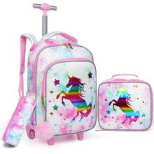 3PCS Kids Wheeled Travel Bag, Gold Cartoon Unicorn Design Bookbag For Students, With Handbag And Pen Bag, Nighttime Reflective. - Multicolor - View 9
