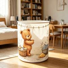 Cute Cartoon Teddy Bear Laundry Pattern Foldable Laundry Basket, Large-Capacity Round Storage Bin, Dirty Clothes Storage Box, Foldable Toy Organizer, Suitable For Bedroom And Home Decoration, Baby Shower Gift - Brown - View 4
