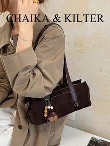 1pc Minimalist Fashion Suede Fabric Shoulder Bag Suitable For Commuting, Shopping, Etc. (With Pendant) - Coffee - View 9