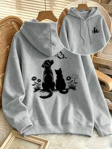 Plus-Size Women's Hoodie With Cat And Dog Double-Sided Prints, Drawstring Pockets, Casual Sports Style, Suitable For Autumn And Winter, Everyday Wear. - Grey - View 2