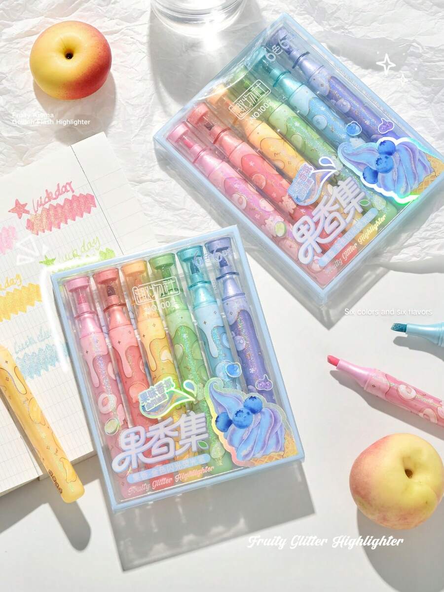 6pcs Fruity Glitter Highlighter Pens Set, Golden Shimmer Sparkling Ink, Triangle Shape Design, Chisel Tip Scented Highlighter For Journaling, Scrapbook, Student Back To School Gift, Office Spot Liner - Multi Colors - View 1