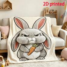 1pc Cute Angry Rabbit Flannel Blanket, Super Soft Flannel Throw, Office Nap Sofa Cover, Cartoon Animal Theme Air Conditioning Blanket - Multicolor - View 6
