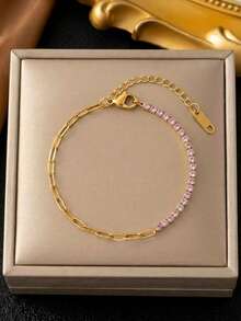 RAYQUEEN 5pcs Stainless Steel Fashion Versatile Multi-Color Zirconia Chain Spliced Layered Bracelets For Women, Suitable For Daily Wear And Gift Giving - Bracelet - View 9