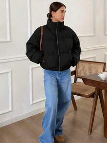 1pc Girls Solid Color Minimalist Casual Stand Collar Thick Warm Outdoor Jacket, Loose Fit, Elegant Style, Petite Size - Black - View 3