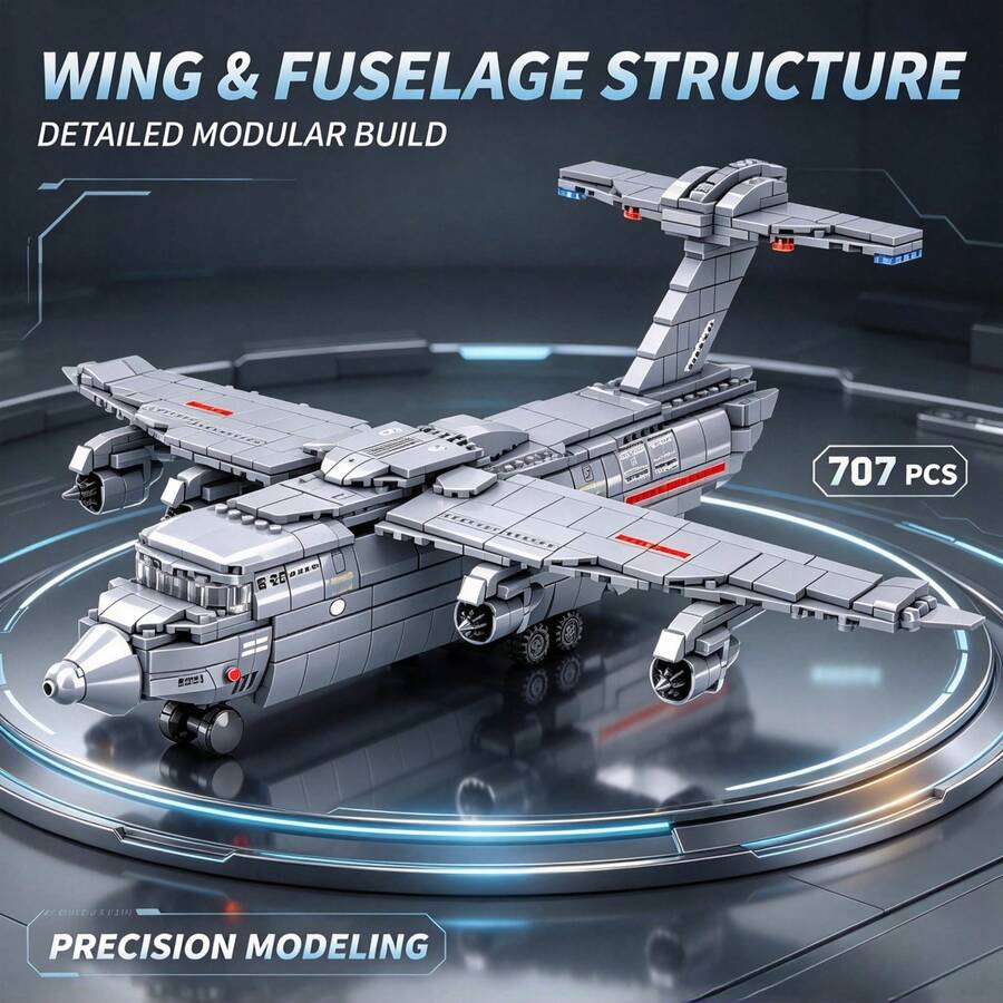 Large Military Transport Aircraft Building Model, 707-Piece Adult Collector-Grade Building Block Set, Wide Wings, Engines And Landing Gear, Suitable As Gift For Hobby Collectors On Halloween, Christmas, Thanksgiving And Birthday - Large Military Transport Aircraft - View 1