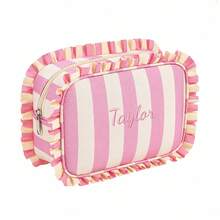 Custom Embroidered Striped Ruffle Trim Makeup Bag, Large Capacity Cosmetic Bag, Travel Makeup Organizer For Girl, Perfect Personalized Gift - Multicolor - View 15