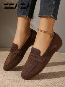 Vintage Solid Color Suede Slip-On Flat Loafers, Commuter Spring/Autumn Shoes - Brown - View 5