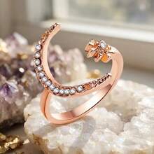 Klaudinni Adjustable Pink Rhinestone Crescent Moon And Star Ring - Gold - View 2