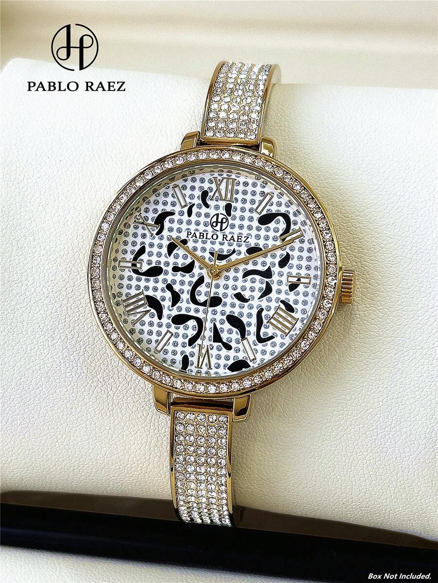 Pablo Raez 1件 18K金女款手錶，原創迷人奢華全水鑽正裝手錶，不鏽鋼金銀色優雅腕錶，全新設計師石英手錶，時尚豹紋錶盤，高品質熱門女款手錶，50米防水，金屬鋼錶帶鏈條，珠寶扣環，休閒青少年可愛手錶，送女友或家人的精美禮物，適合日常/工作/派對裝飾，畢業/婚禮/生日禮物