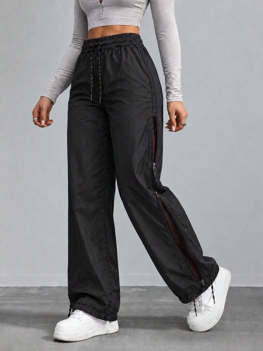 Women's High Waist Drawstring Wide Leg Training Pants With Side Zip Mesh Panels And Adjustable Hems For Gym Workout - Black - View 1