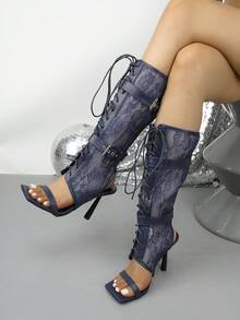 女款優雅高跟網格單帶通勤時尚涼鞋 - 寶藍色 - 查看 5