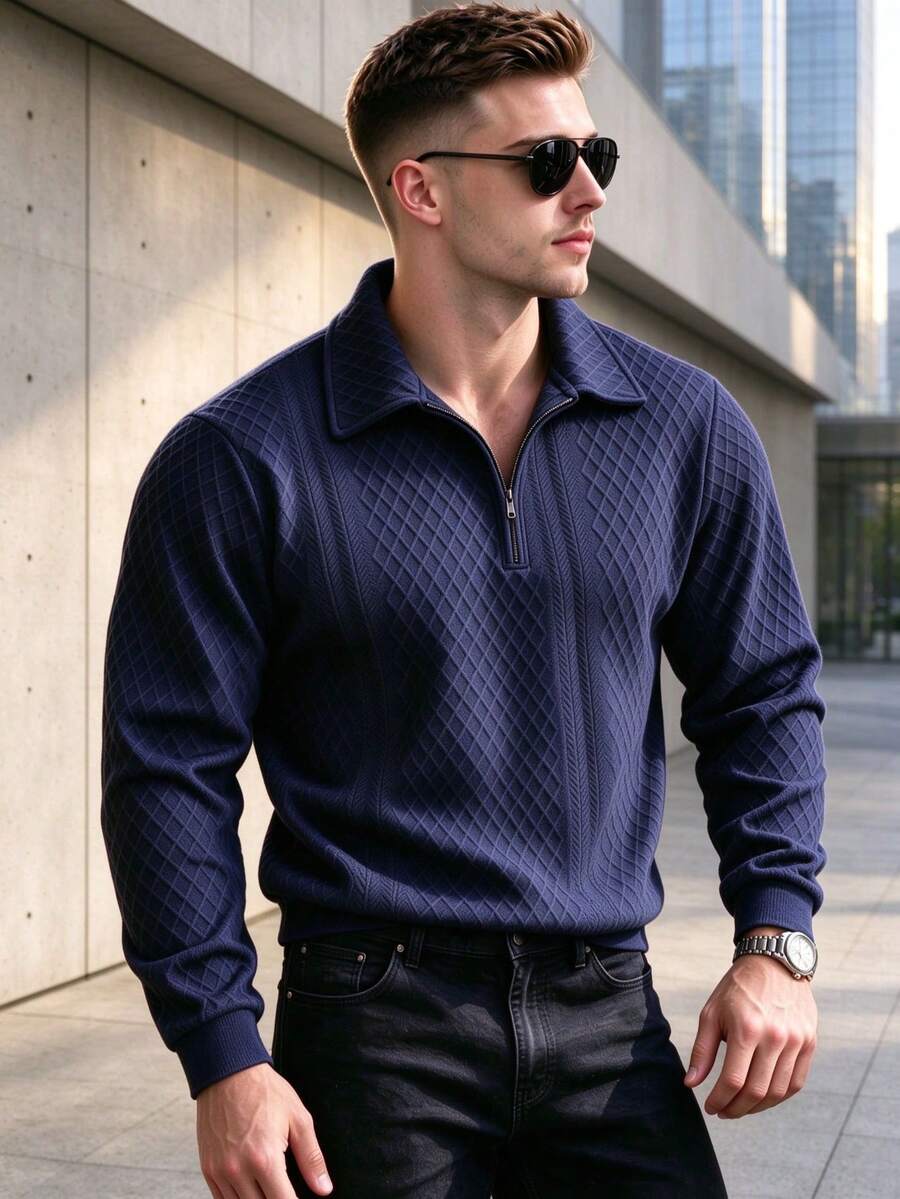 Vintage Plaid Embossed Half-Zip Polo Collar Long Sleeve Pullover Sweatshirt, Slim Fit Versatile Casual Style For Men - Blue - View 1