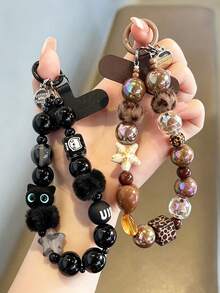 1 PC Black Plush Cat Phone Hanger Bead Wrist Strap Handbag Pendant Car Keychain Bag Accessory Phone Hanger Gift Padlock - Multicolor - View 1