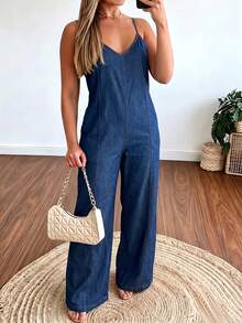 GLAMSKIN Fall Winter Women Denim Spaghetti Strap Jumpsuit,V‑Neck Contrast Stitching Wide Leg Jumpsuit With Pockets Casual Sleeveless Overall - Blue - View 7