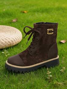 Women's Lace Up Combat Ankle Boots With Zipper And Lug Sole - Brown - View 8