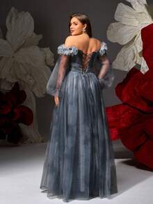 VIPGIRL Plus Size One-Shoulder Evening Gown For Women With 3D Floral Puff Sleeves, Mesh Long Skirt With Slit, Fairy Style Formal Party Dress - Dusty Blue - View 2