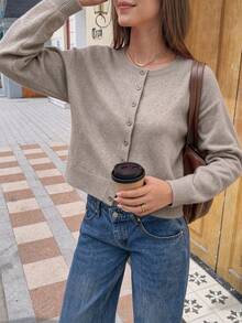 女款素色休閒百搭日常外出開襟衫 - 燕麥 - 查看 3