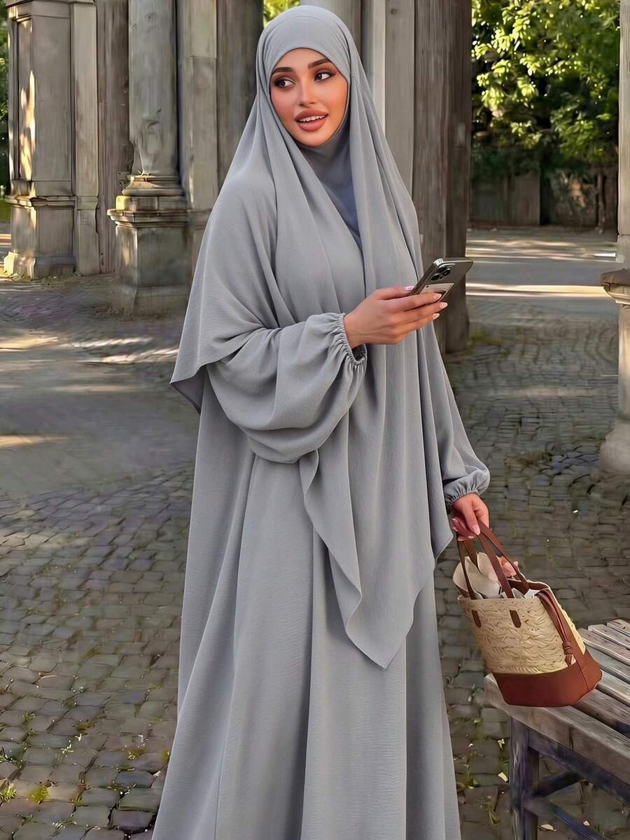 穆斯林 Abaya 套裝,純黑色紋理長袖長版內裙與不對稱下擺開襟外套,女款端莊杜拜伊斯蘭長袍 - 淺灰色 - 查看 1