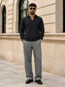 Lookun Men's Loose Casual Knit Sweater With Polo Collar, V-Neck, Relaxed Fit, Everyday Wear, Autumn/Winter - Black - View 5