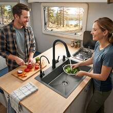 1 Set Hotel Home Kitchen Dishwashing Vegetable Washing Black Stainless Steel Multi-Function Large Sink, Includes Multiple Water Outlet Modes, Pull-Out Faucet, Drain Outlet, Drain Pipe, Cleaning Faucet, Soap Dispenser 5040 (X) Black Diamond - Black - View 2