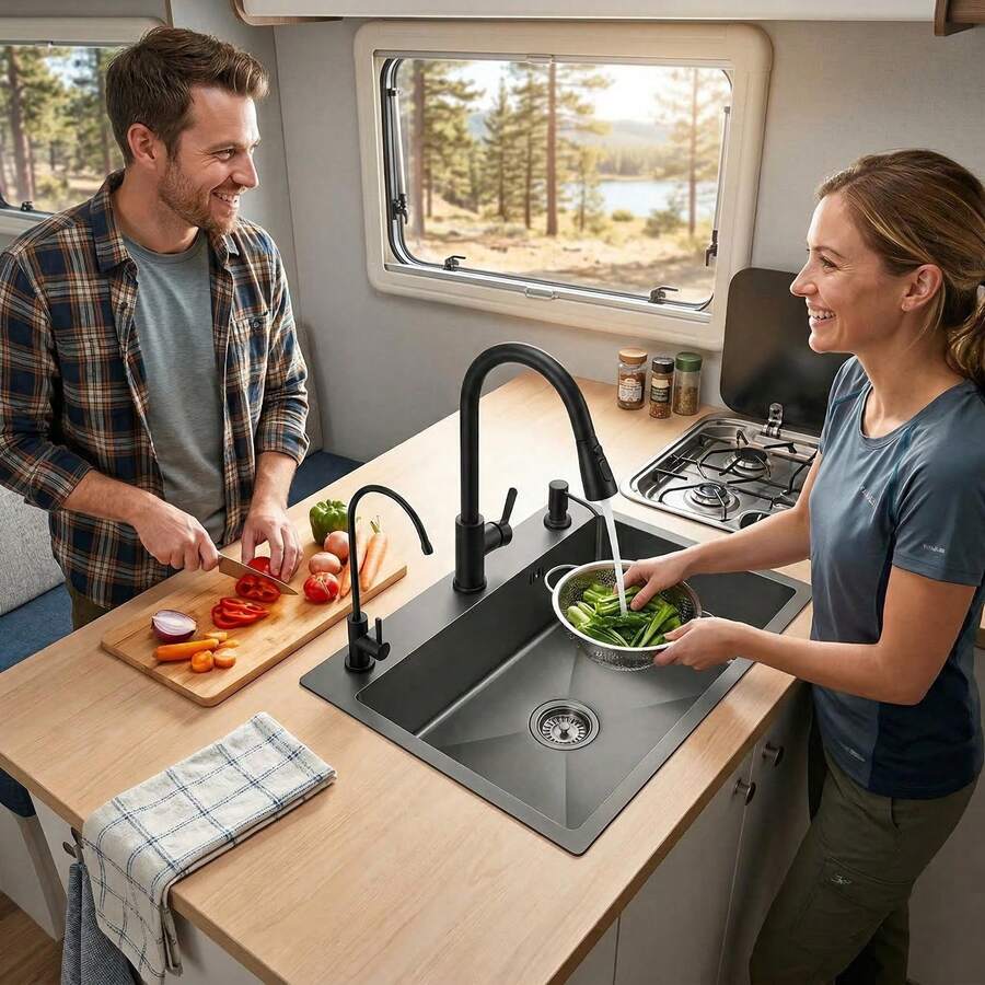 1 Set Hotel Home Kitchen Dishwashing Vegetable Washing Black Stainless Steel Multi-Function Large Sink, Includes Multiple Water Outlet Modes, Pull-Out Faucet, Drain Outlet, Drain Pipe, Cleaning Faucet, Soap Dispenser 5040 (X) Black Diamond