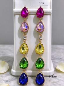 1 Pair New Fashion Colorful Rhinestone Long Water Drop Tassel Earrings, Unique Exquisite High-End Versatile Earrings For Women, Suitable For Daily Wear, Party, Wedding - Earring - View 4