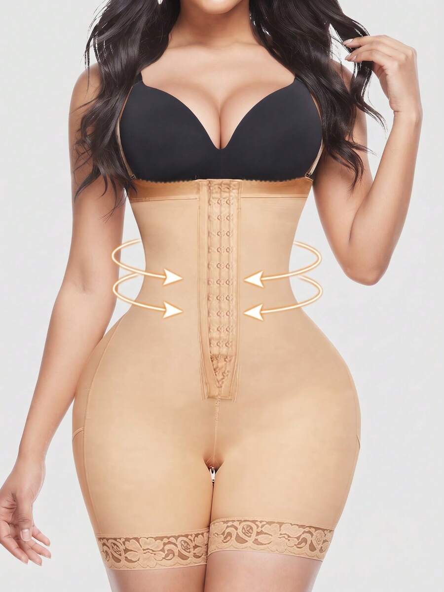 1pc Plus Size High Waist Slimming Jumpsuit With Shorts And Waist Cincher