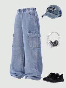 Straight Leg Fashion Casual Denim Jeans, Suitable For Boys, Street Style - Blue - View 2