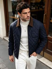 معطف رجالي مبطن بأكمام طويلة وياقة عريضة بتصميم كتل لونية، مناسب للخريف والشتاء، مناسب للتنقل اليومي والعطلات - الأزرق - مشاهدة 1