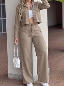 LUNNELUX Women Fall Khaki 2 Pieces Outfits, Lapel Pocket Cropped Jacket & High Waist Drawstring Wide Leg Pants, Casual Daily Streetwear Set - Khaki - View 1