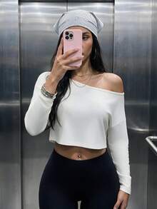 Women's Casual Asymmetrical Neck Cropped Oversized Long Sleeve T-Shirts For Daily Wear,Winter Fall Clothes,Fall Winter Outfit,Going Out Tops - White - View 2