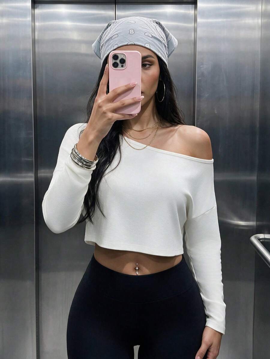 Women's Casual Asymmetrical Neck Cropped Oversized Long Sleeve T-Shirts For Daily Wear,Winter Fall Clothes,Fall Winter Outfit,Going Out Tops - White - View 1