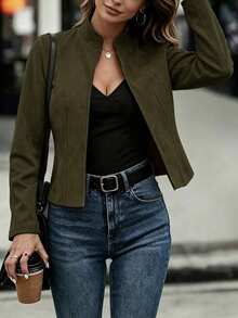 女款時尚素色長袖開襟外套，休閒通勤風，適合辦公室、休閒與正式場合，復古優雅 - 綠色 - 查看 1