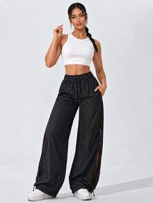 Women's High Waist Drawstring Wide Leg Training Pants With Side Zip Mesh Panels And Adjustable Hems For Gym Workout - Black - View 10