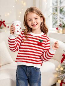 Girls Cute Sweet Round Neck Long Sleeve Red & White Striped 3D Cherry Pullover, Autumn Vintage Colorblock Round Neck Inner Top, Suitable For Outdoor Wear - Red - View 3