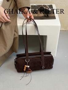 1pc Minimalist Fashion Suede Fabric Shoulder Bag Suitable For Commuting, Shopping, Etc. (With Pendant) - Coffee - View 7