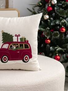 1pc Christmas Tree Embroidered Pillow Case, Christmas Red Flag Car & Reindeer Pillow Cover, Suitable For Indoor Decoration, Christmas Decor, All-Season Pillow Case, Without Insert - Multicolor - View 6