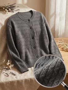 Women's Plus-Size Grey Knit Cardigan, Long Dropped Shoulders, Ribbed Details, Round Neck And Button-Down Front, Perfect For Autumn And Winter Wear. - Grey - View 7