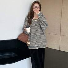 ボーダー マタニティ ニット カーディガン レディース 長袖 セーター 開襟 ゆったり ふわふわ ガーリー 妊婦服 アウター 秋冬 秋服 冬服 秋冬トップス 体型カバー おしゃれ デイリーコーデ 高見え 国内発送 - ブラック - チェックする 5