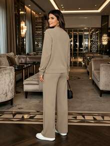 Women's New Solid Color Casual Elegant Pocket 2 Pieces Set For Sports, Home, Daily Wear, Autumn/Winter - Grey - View 2