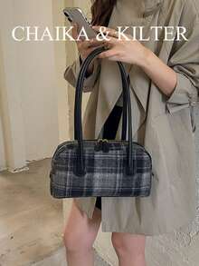 CHAIKA & KILTER 1件裝 素色麂皮布料女款復古時尚啞光保齡球包 對比色絎縫縫線 雙手提設計 拉鍊開合 適合日常與外出使用 - 黑色 - 查看 6