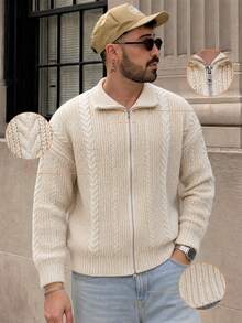 Lookun Men's Collared Zip-Up Long Sleeve Cardigan Sweater, Dropped Shoulder, Casual Relaxed Fit, Suitable For Autumn/Winter, Store Visits, Dates, Short Trips - Apricot - View 2