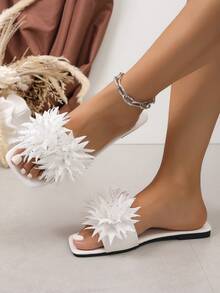 1 Pair Women's Flat Sandals, Floral Decoration, Rhinestone 3D Flower, Square Toe Slide Sandals, Flat Slide Slippers - White - View 3