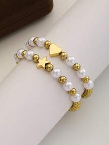 2pcs/Set Girls White Faux Pearl Beaded Bracelets Gold Tone Heart Star Charm Stackable Jewelry Kids Jewelry For Birthday Party Daily Wear Gift - Gold - View 2