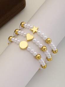 1pc/3pcs White Faux Pearl Beaded Bracelet For Girls, Gold Star Heart Round Disc Pendant, Stackable Children's Jewelry, Suitable For Birthday Party, Back To School, Daily Wear - Gold - View 2