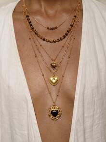 4pcs/Set Tiger Eye Stone Heart Pendant Necklace, Women's Layered Gold Chain Choker Necklace, Vintage Crystal Jewelry Gift - Multicolor - View 8
